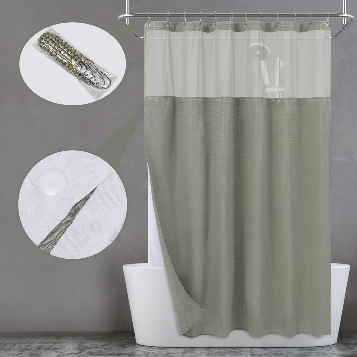 Waffle Weave Shower Curtain with Snap-In Fabric Liner & Hooks Set - Hotel Style, Waterproof & Washable, Heavyweight Fabric & Mesh Top Window - 71X72, Sage Green