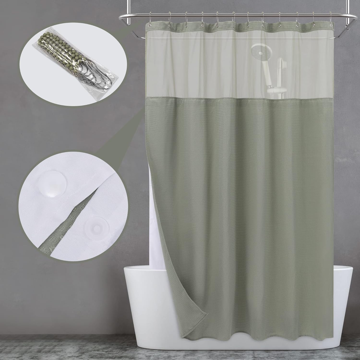 Waffle Weave Shower Curtain with Snap-In Fabric Liner & Hooks Set - Hotel Style, Waterproof & Washable, Heavyweight Fabric & Mesh Top Window - 71X72, Sage Green