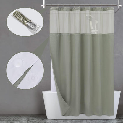 Waffle Weave Shower Curtain with Snap-In Fabric Liner & Hooks Set - Hotel Style, Waterproof & Washable, Heavyweight Fabric & Mesh Top Window - 71X72, Sage Green