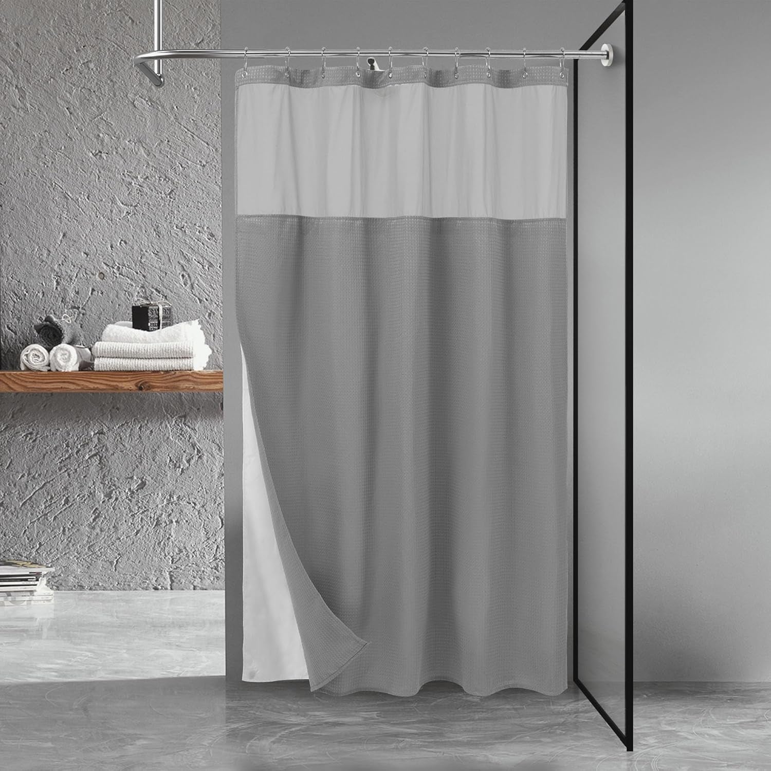 Waffle Weave Shower Curtain with Snap-In Fabric Liner & Hooks Set - Hotel Style, Waterproof & Washable, Heavyweight Fabric & Mesh Top Window - 71X72, Sage Green