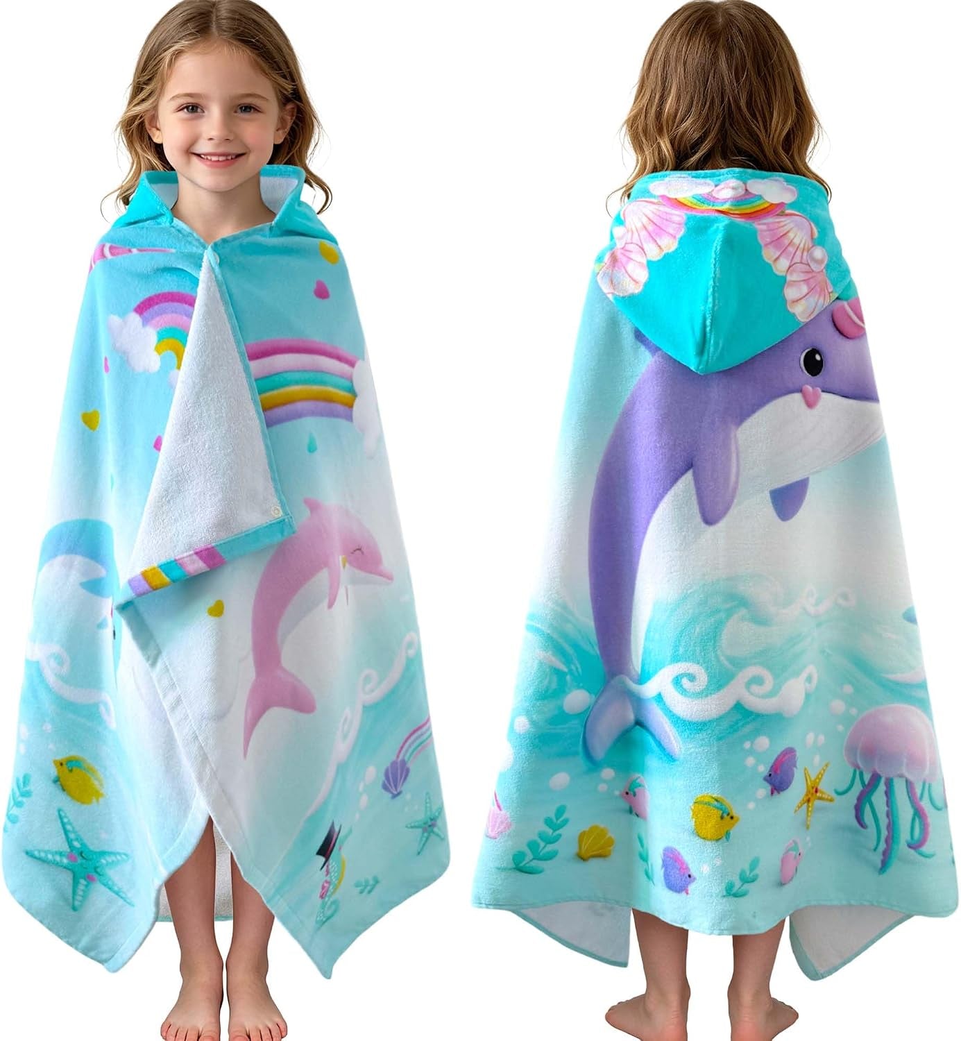 Kids Hooded Beach Towel Age 3-8, 30''X50,Soft | Thick | Large | 100% Cotton,Absorbent Beach, Bath, Pool Towels Wrap for Girls, Sea Mermaid