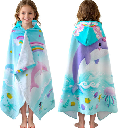 Kids Hooded Beach Towel Age 3-8, 30''X50,Soft | Thick | Large | 100% Cotton,Absorbent Beach, Bath, Pool Towels Wrap for Girls, Sea Mermaid