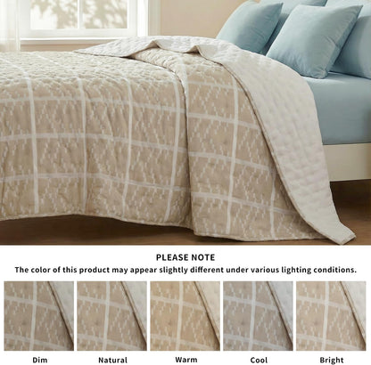 Beige King Size Quilt Set, Oversized Lightweight Textured Bedspread Coverlet with 2 Pillow Shams, Soft Box Stitch Cross Stitch Quilt for All Season Comfort, Tan Beige Bedding, 100"X92"