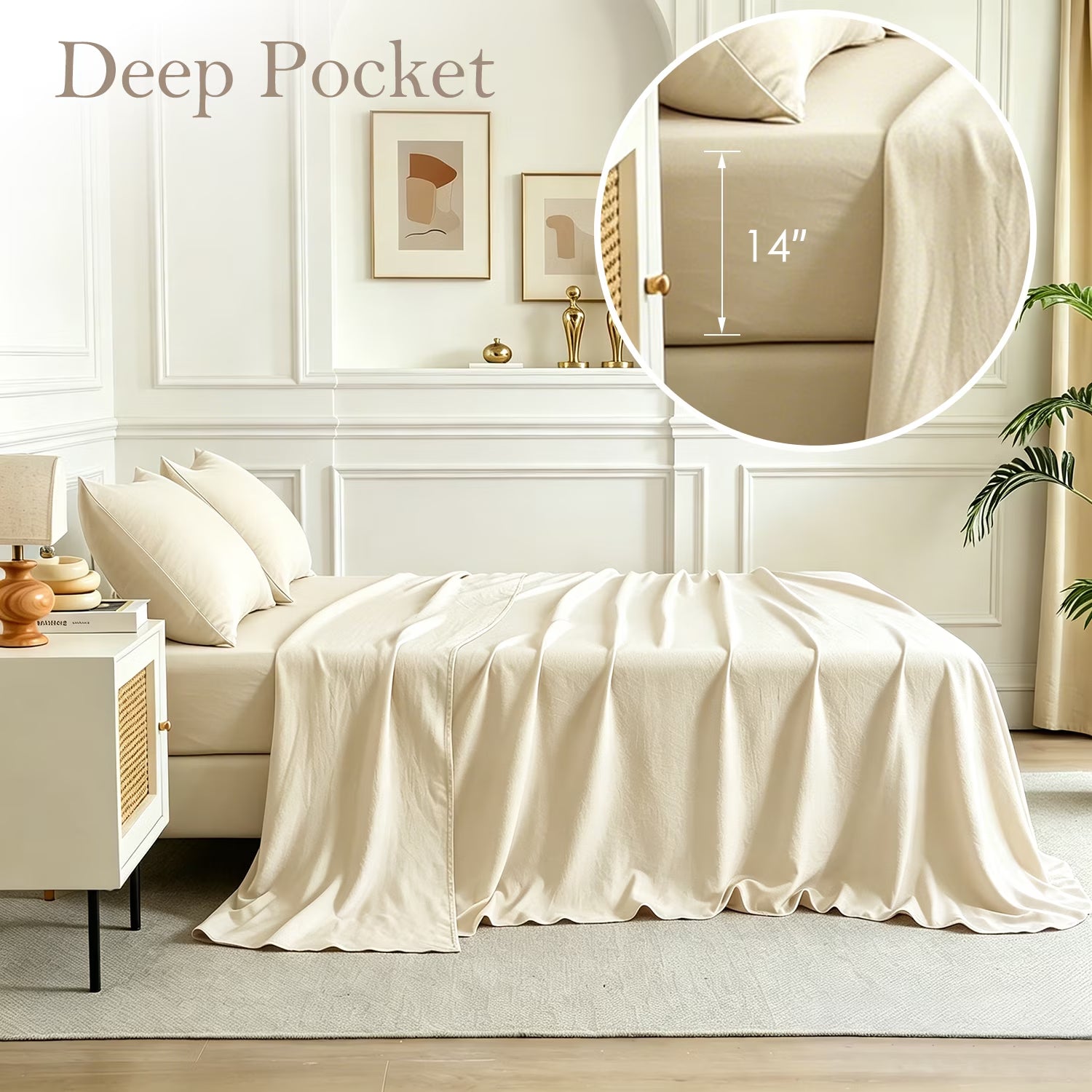 Bed Sheets Set 4 Piece King Sheet Set Cream Cotton Blend Fitted Sheet, Flat Sheet & 2 Pillowcases Bedding Set