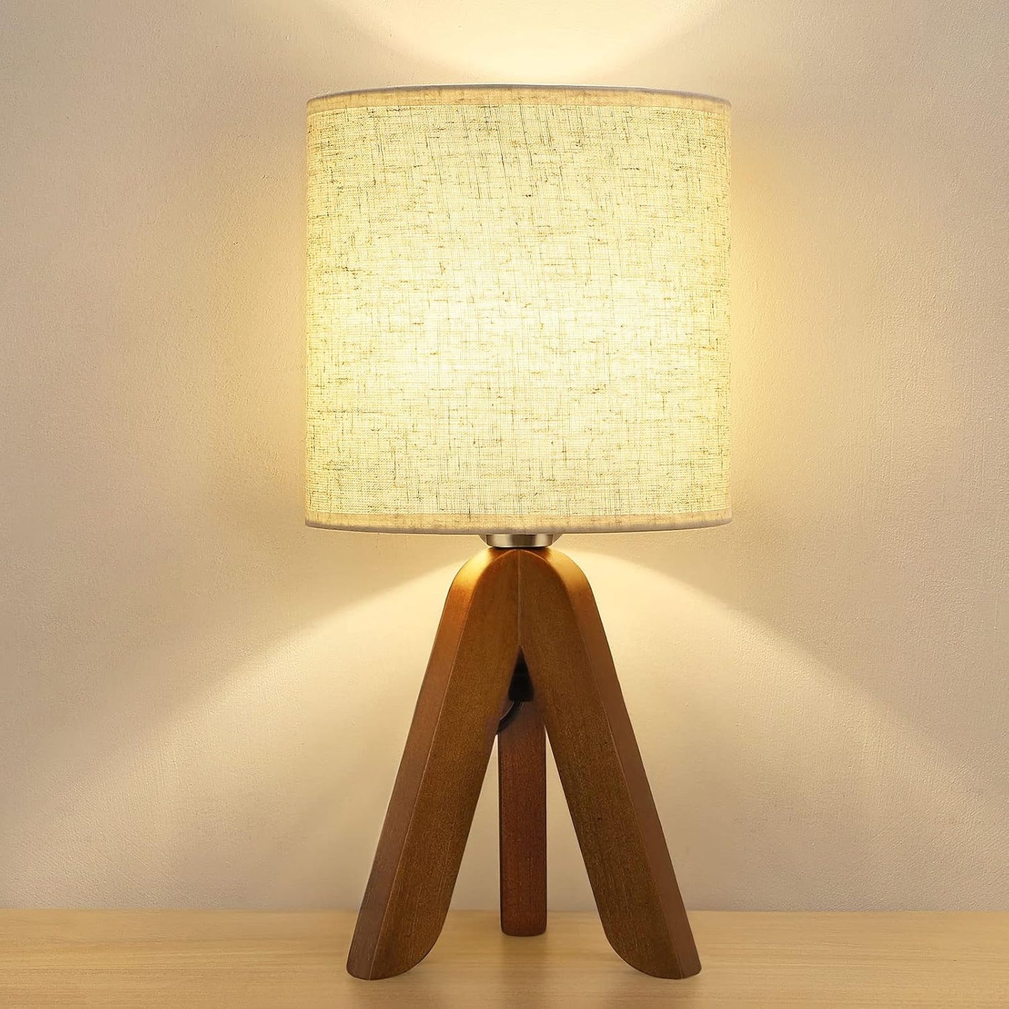 Small Bedside Table Lamp - Wooden Tripod Nightstand Lamp for Bedroom, Living Room, Office, Home with Fabric Linen Shade - 13.4 Inches (Without Bulb)