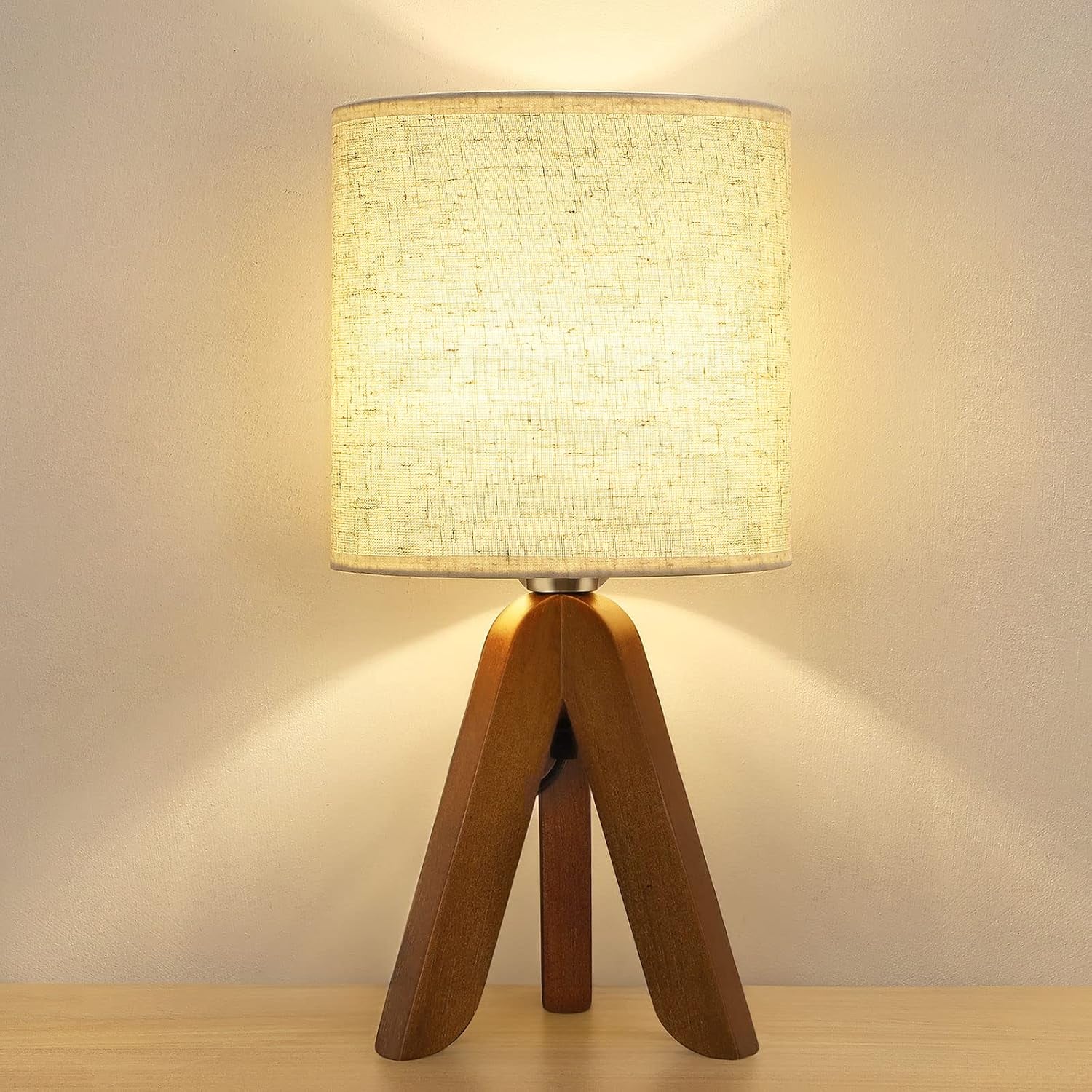Small Bedside Table Lamp - Wooden Tripod Nightstand Lamp for Bedroom, Living Room, Office, Home with Fabric Linen Shade - 13.4 Inches (Without Bulb)