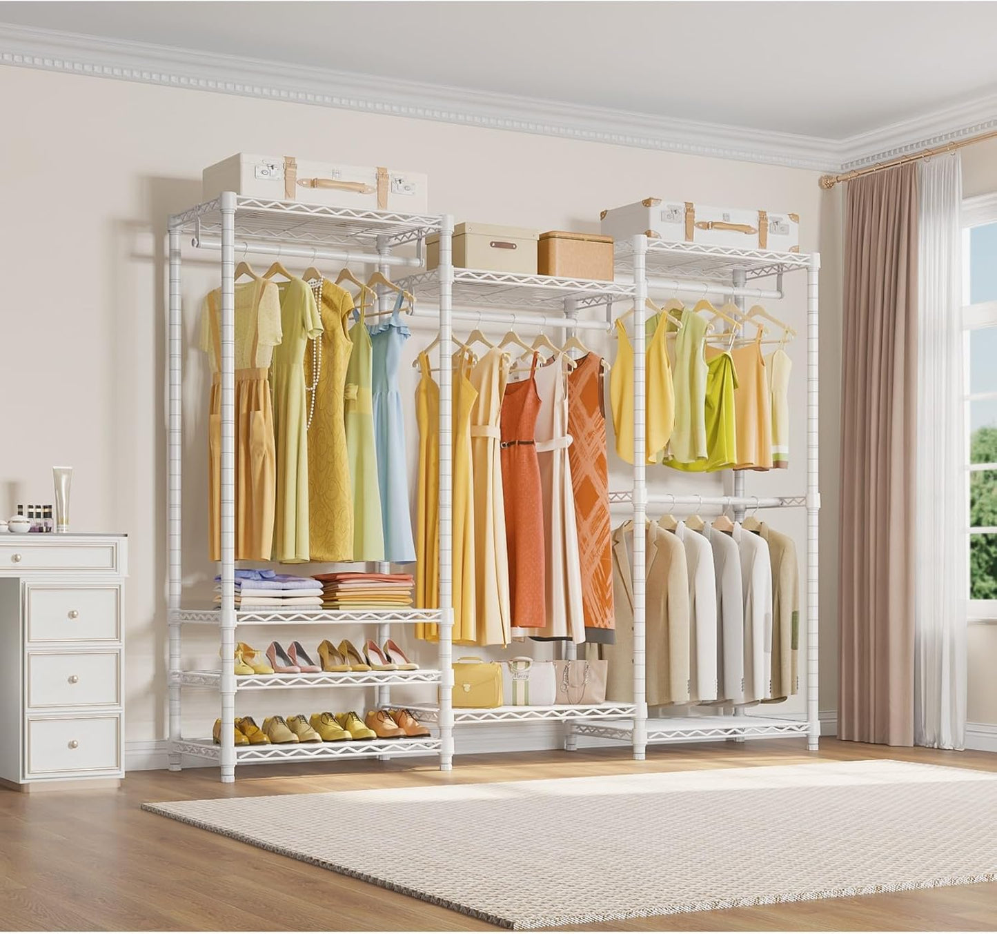 V5 Portable Closet Wardrobe Heavy Duty Clothes Rack, Freestanding Clothing Racks with 4 Hang Rods & 8 Shelves, Adjustable Custom Closet Racks, 68.9" L X 15.7" W X 76.4" H, Max Load 890LBS, White