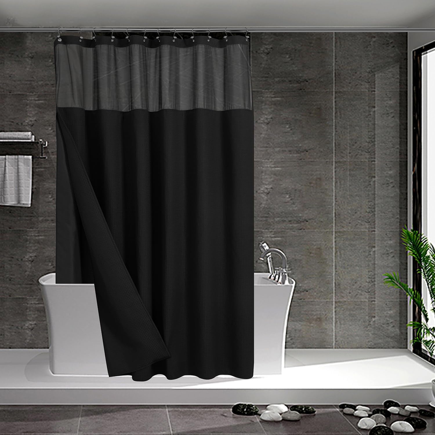 Waffle Weave Shower Curtain with Snap-In Fabric Liner & Hooks Set - Hotel Style, Waterproof & Washable, Heavyweight Fabric & Mesh Top Window - 71X72, Sage Green