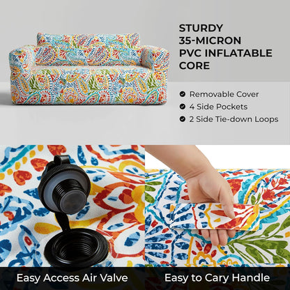 Inflatable Couch Air Sofa - Blow up Chair Portable with Handle & Tie-Down Loops, Weatherproof & Water Repellent Indoor/Outdoor Sofa for Patio, Camping, Pool, 67" Lx33 Wx28 D Multi