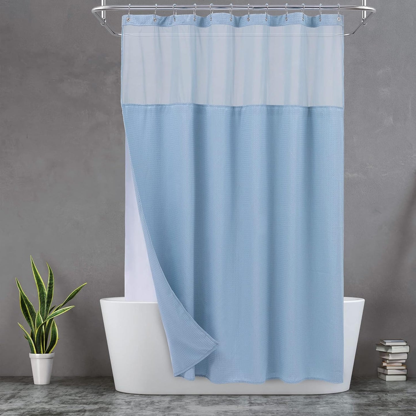Waffle Weave Shower Curtain with Snap-In Fabric Liner & Hooks Set - Hotel Style, Waterproof & Washable, Heavyweight Fabric & Mesh Top Window - 71X72, Sage Green