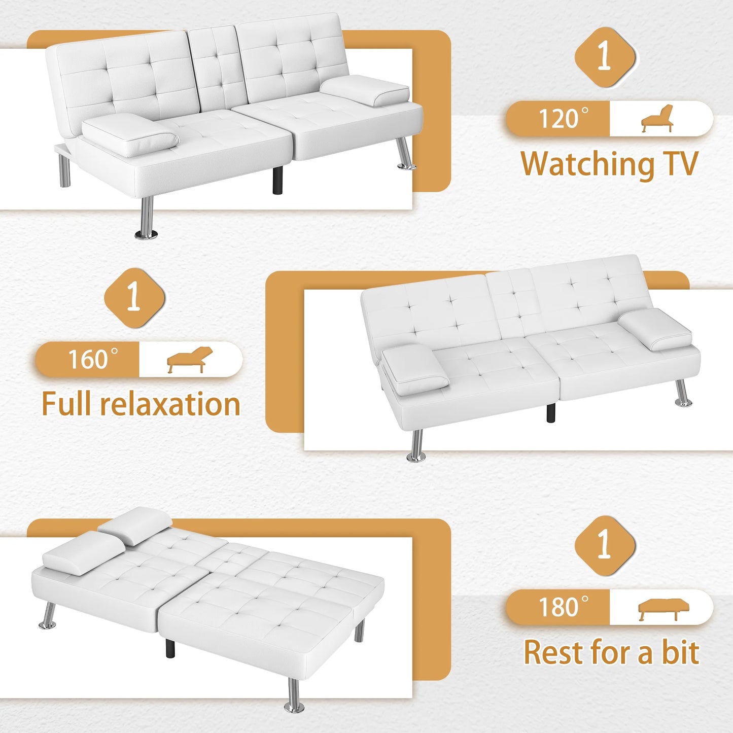 Futon Sofa Bed Faux Leather Couch Modern Convertible Folding Recliner with 2 Cup Holders