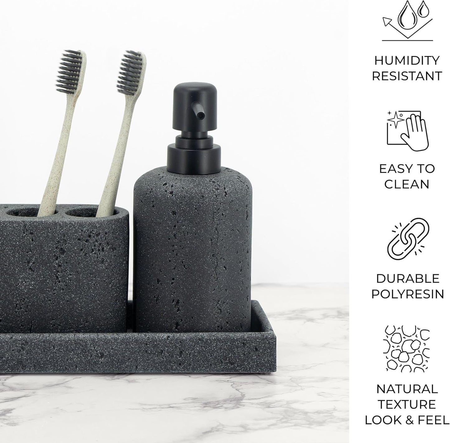 - Black Bathroom Accessories Set 4 Pcs - Toothbrush Holder, Soap Dispenser, Vanity Tray, Bathroom Tumbler - Countertop Vanity Organizer - Bathroom Accessory Set- Toothbrush Holder Set, Stone Sets