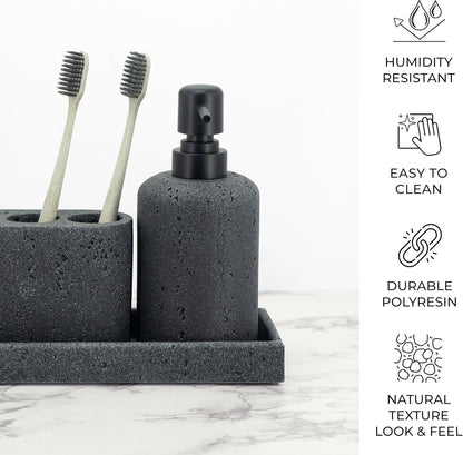 - Black Bathroom Accessories Set 4 Pcs - Toothbrush Holder, Soap Dispenser, Vanity Tray, Bathroom Tumbler - Countertop Vanity Organizer - Bathroom Accessory Set- Toothbrush Holder Set, Stone Sets