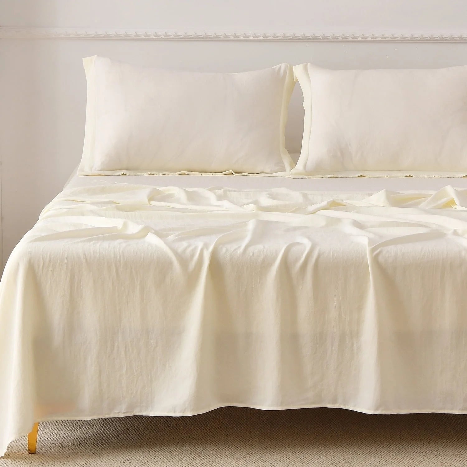Bed Sheets Set 4 Piece King Sheet Set Cream Cotton Blend Fitted Sheet, Flat Sheet & 2 Pillowcases Bedding Set