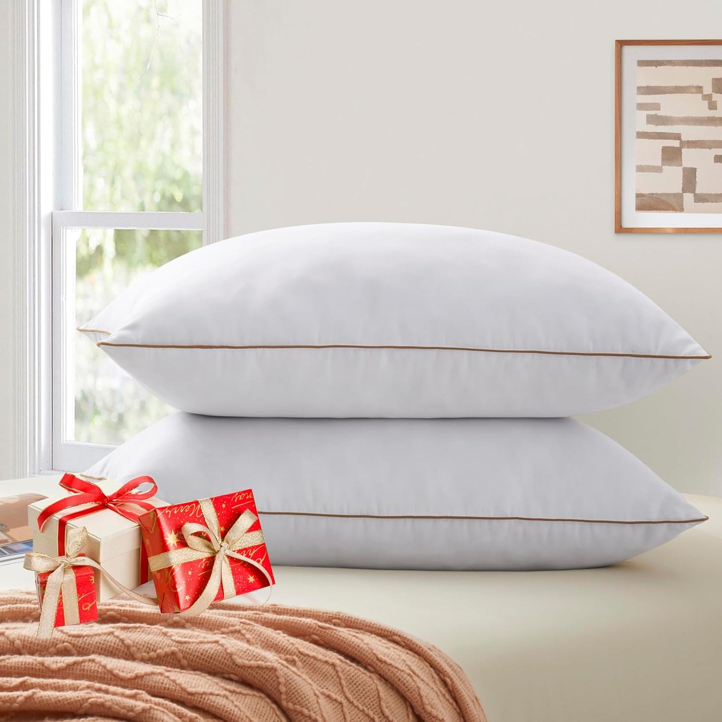 Goose Feather Pillows, Bed Pillows, Queen Size Set of 2, Hotel Pillows for Sleeping, White Pillows Soft down Alternative Pillows 20X30