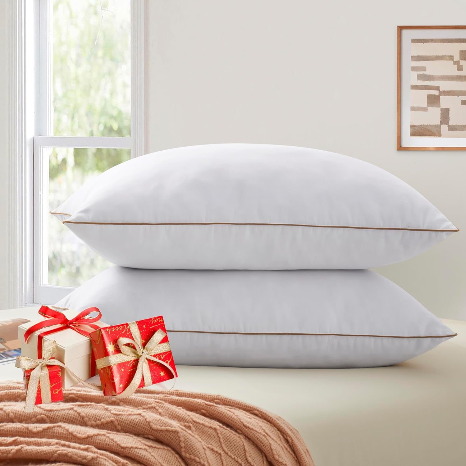 Goose Feather Pillows, Bed Pillows, Queen Size Set of 2, Hotel Pillows for Sleeping, White Pillows Soft down Alternative Pillows 20X30