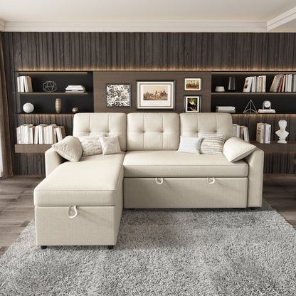 Sectional Sofa with Storage and Soft Seat, Reversible Chaise, Pull Out Bed for Living Room, Beige