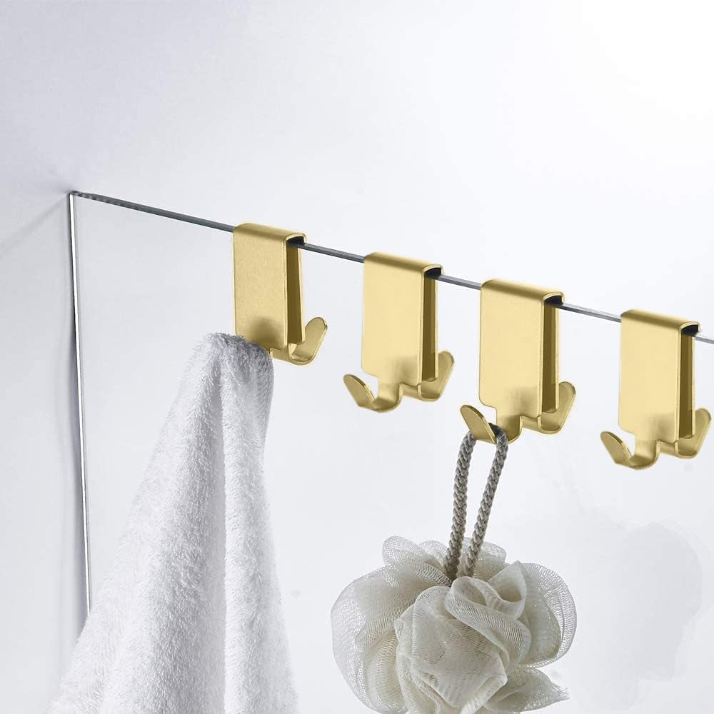 Double Hooks for Glass Shower Door, Towel Hooks over the Bathroom Glass Wall 0.31-0.39In, Stainless Steel, Brushed,2 Pack.