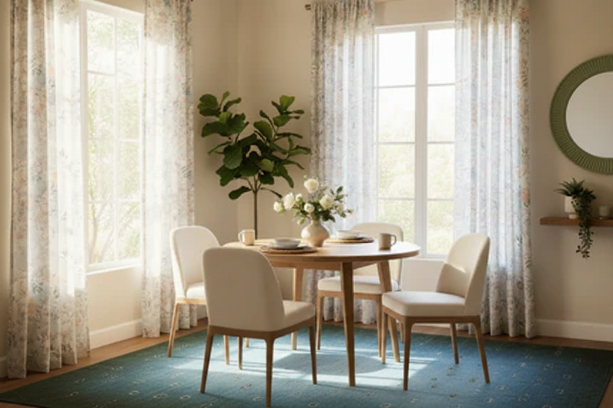 Dining room with dramatic ombré rug
