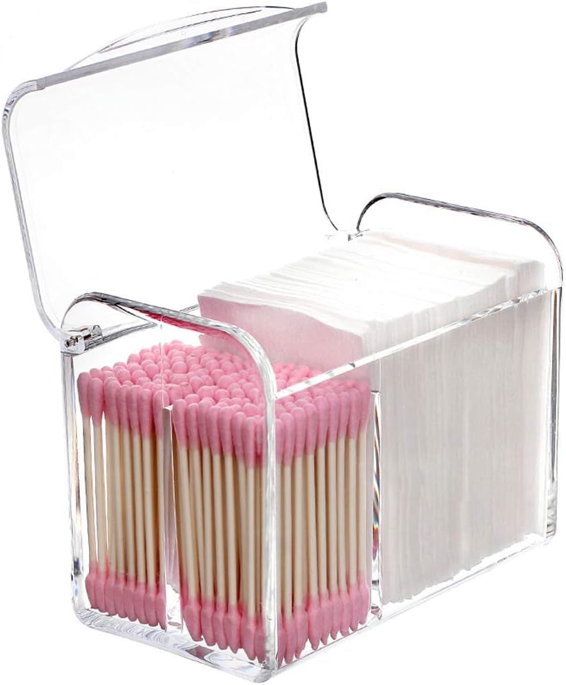 Qtip Holder Rectangle Cotton Ball and Swab Holder Organizer with Lid, Dustproof,Waterproof,Clear Acrylic 3 Compartment Cotton Pad Container for Cotton Swabs, Make up Pads, Cosmetics