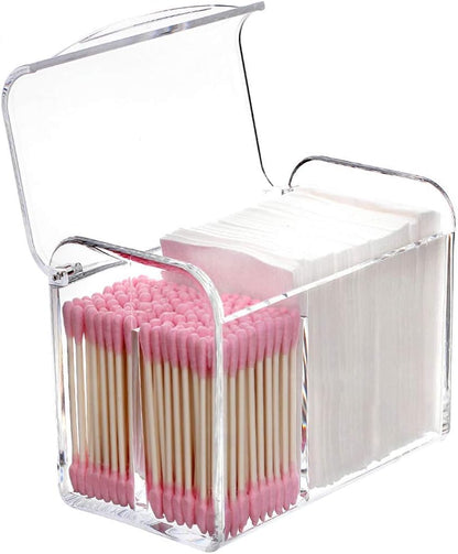 Qtip Holder Rectangle Cotton Ball and Swab Holder Organizer with Lid, Dustproof,Waterproof,Clear Acrylic 3 Compartment Cotton Pad Container for Cotton Swabs, Make up Pads, Cosmetics