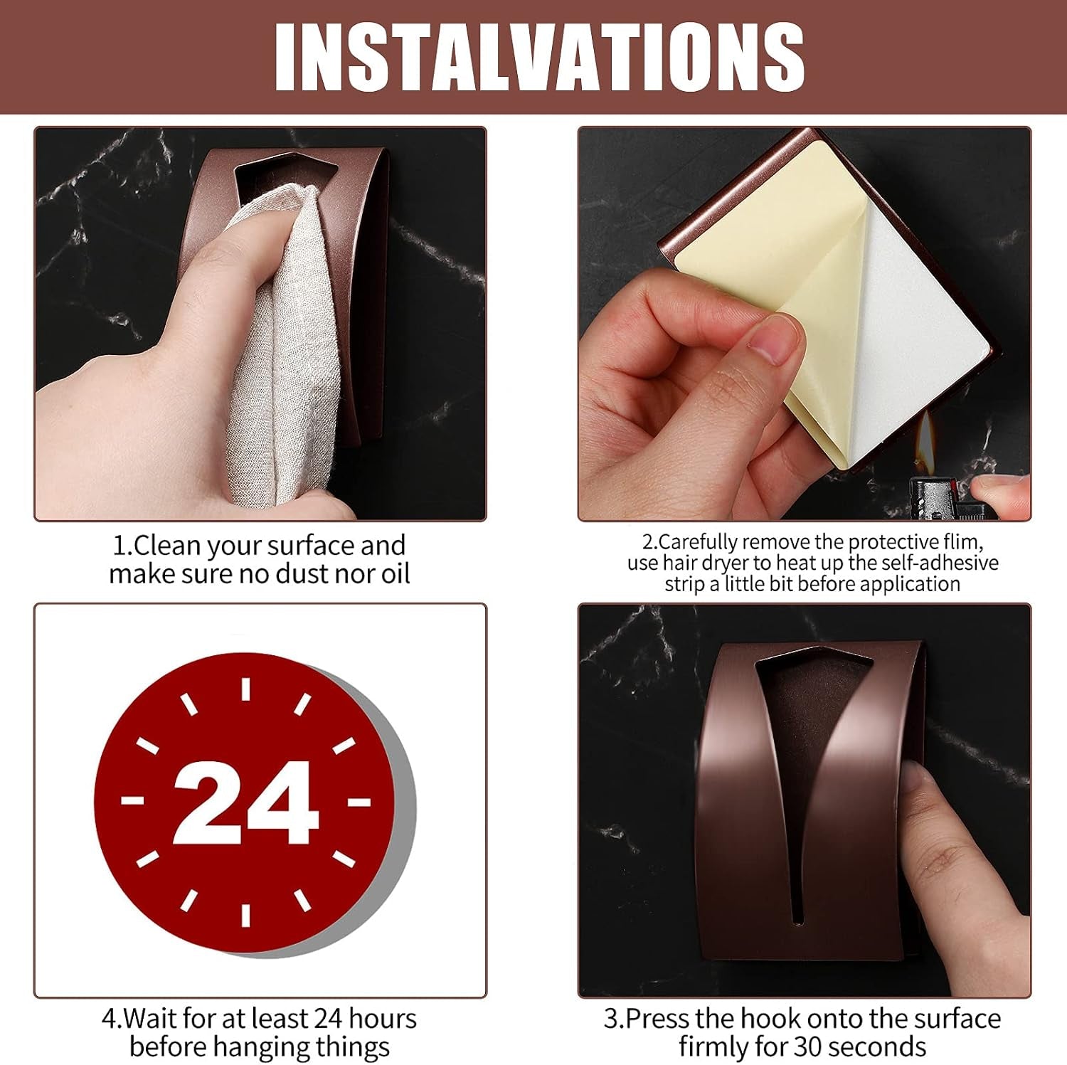 4 Pcs Self Adhesive Towel Hook Holder Grabber Stainless Steel Kitchen Dish Towel Hook Wall Mount Non Drilling Hangers Rack Hand Tea Holders for Bathroom Accesories Kitchen Gadgets(Brown)