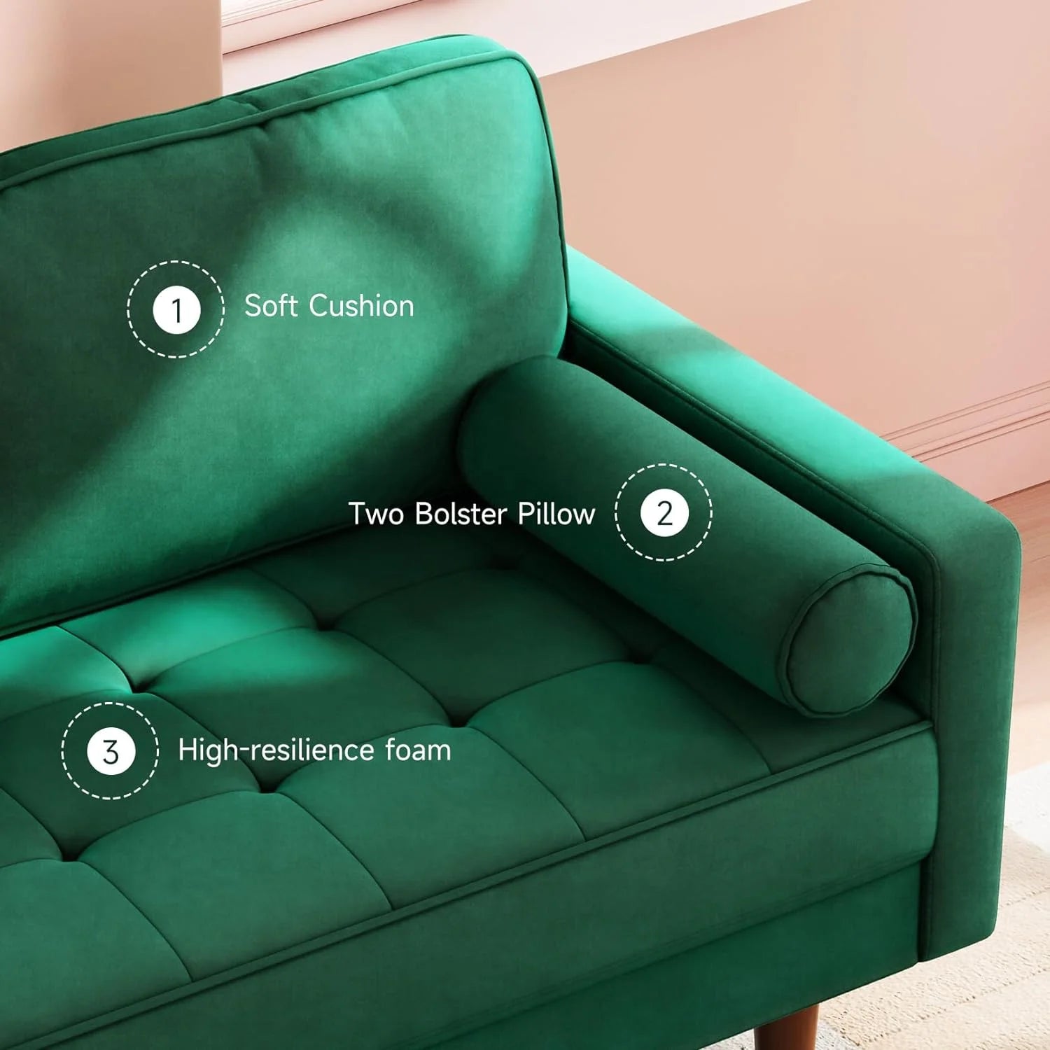59" Velvet Spring Sofa Couch for Living Room, Office, Small Space, Solid Wood Leg, One Box, Green