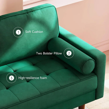 59" Velvet Spring Sofa Couch for Living Room, Office, Small Space, Solid Wood Leg, One Box, Green