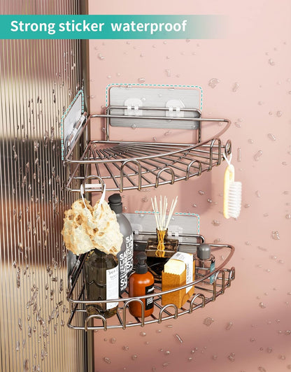 Corner Shower Caddy Shower Rack, SUS304 Stainless Steel Shower Organizer with 8 Traceless Adhesive Hooks Wall Mounted Bathroom Shelf Organizer for Kitchen Toilet Dorm Storage, 2 PACK