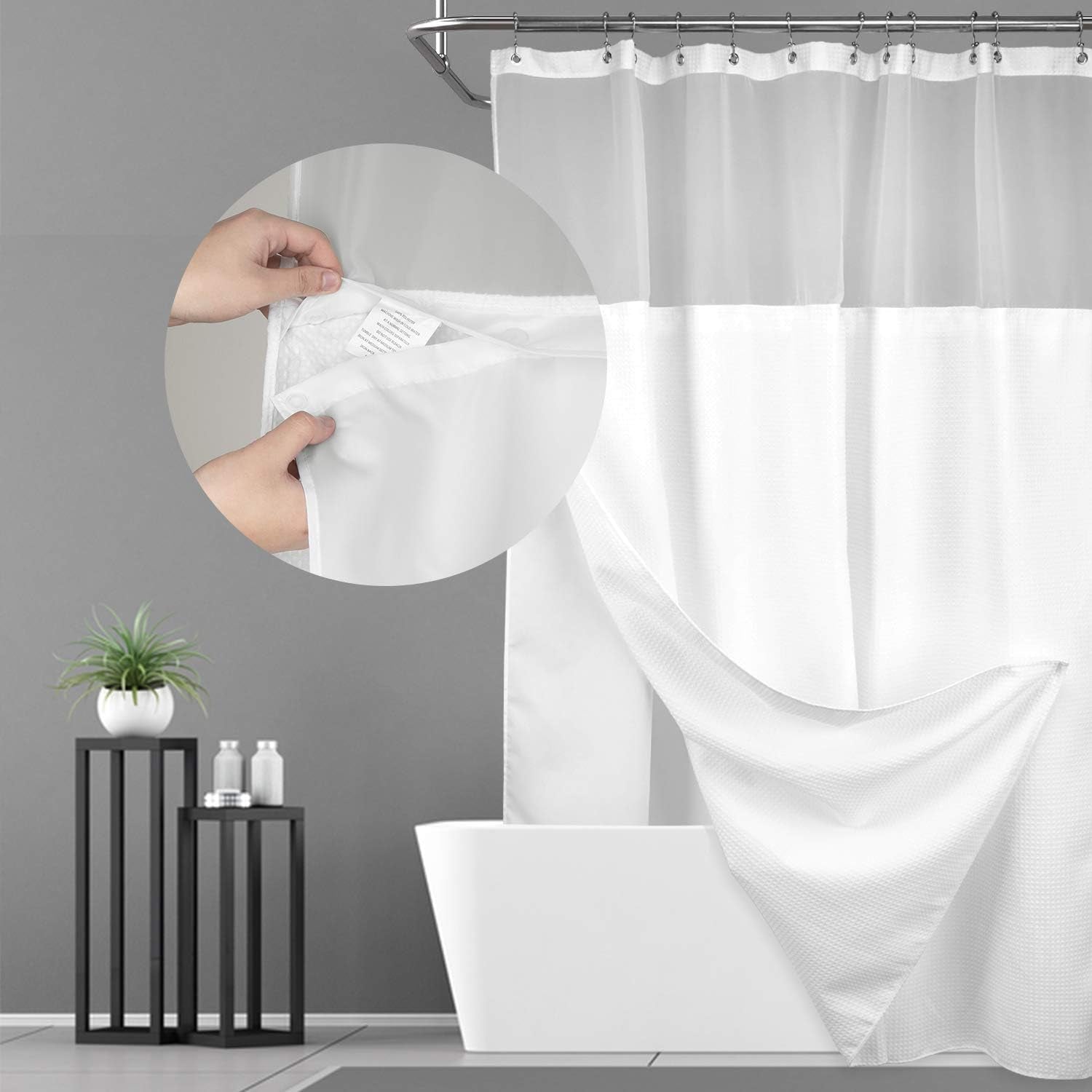 Waffle Weave Shower Curtain with Snap-In Fabric Liner & Hooks Set - Hotel Style, Waterproof & Washable, Heavyweight Fabric & Mesh Top Window - 71X72, Sage Green