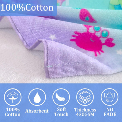 Kids Hooded Beach Towel Age 3-8, 30''X50,Soft | Thick | Large | 100% Cotton,Absorbent Beach, Bath, Pool Towels Wrap for Girls, Sea Mermaid