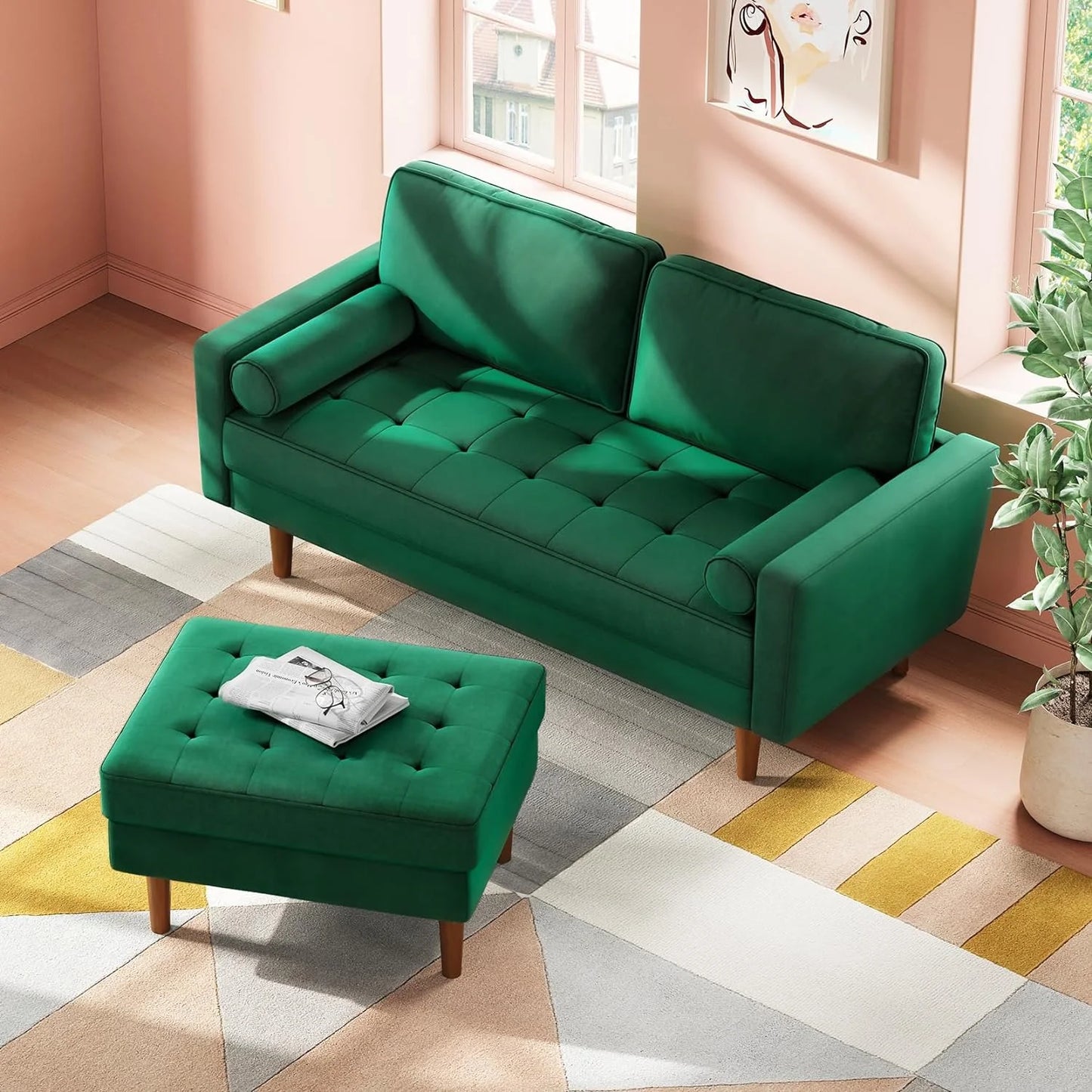 59" Velvet Spring Sofa Couch for Living Room, Office, Small Space, Solid Wood Leg, One Box, Green