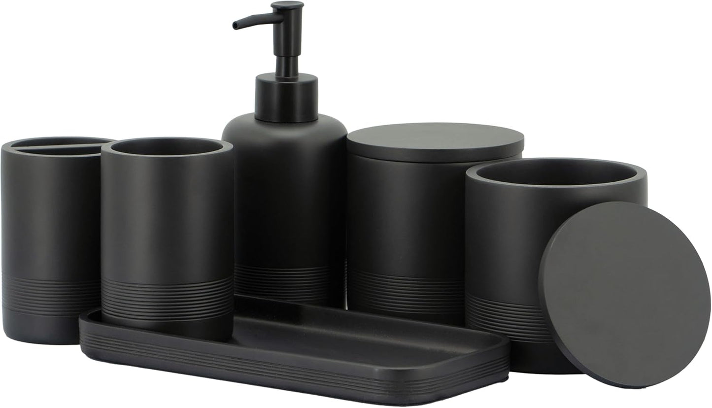 - Black Bathroom Accessories Set 4 Pcs - Toothbrush Holder, Soap Dispenser, Vanity Tray, Bathroom Tumbler - Countertop Vanity Organizer - Bathroom Accessory Set- Toothbrush Holder Set, Stone Sets