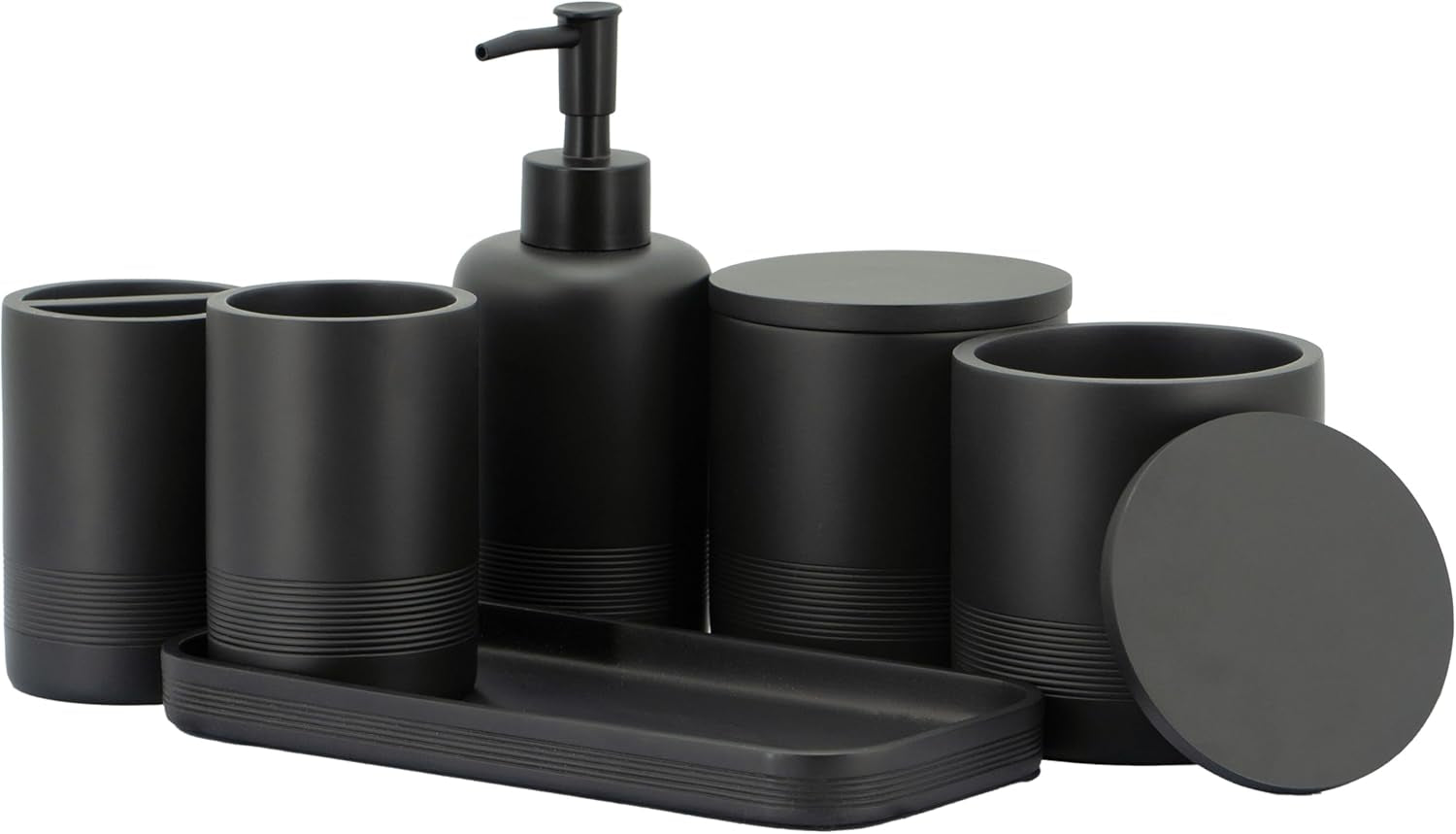 - Black Bathroom Accessories Set 4 Pcs - Toothbrush Holder, Soap Dispenser, Vanity Tray, Bathroom Tumbler - Countertop Vanity Organizer - Bathroom Accessory Set- Toothbrush Holder Set, Stone Sets