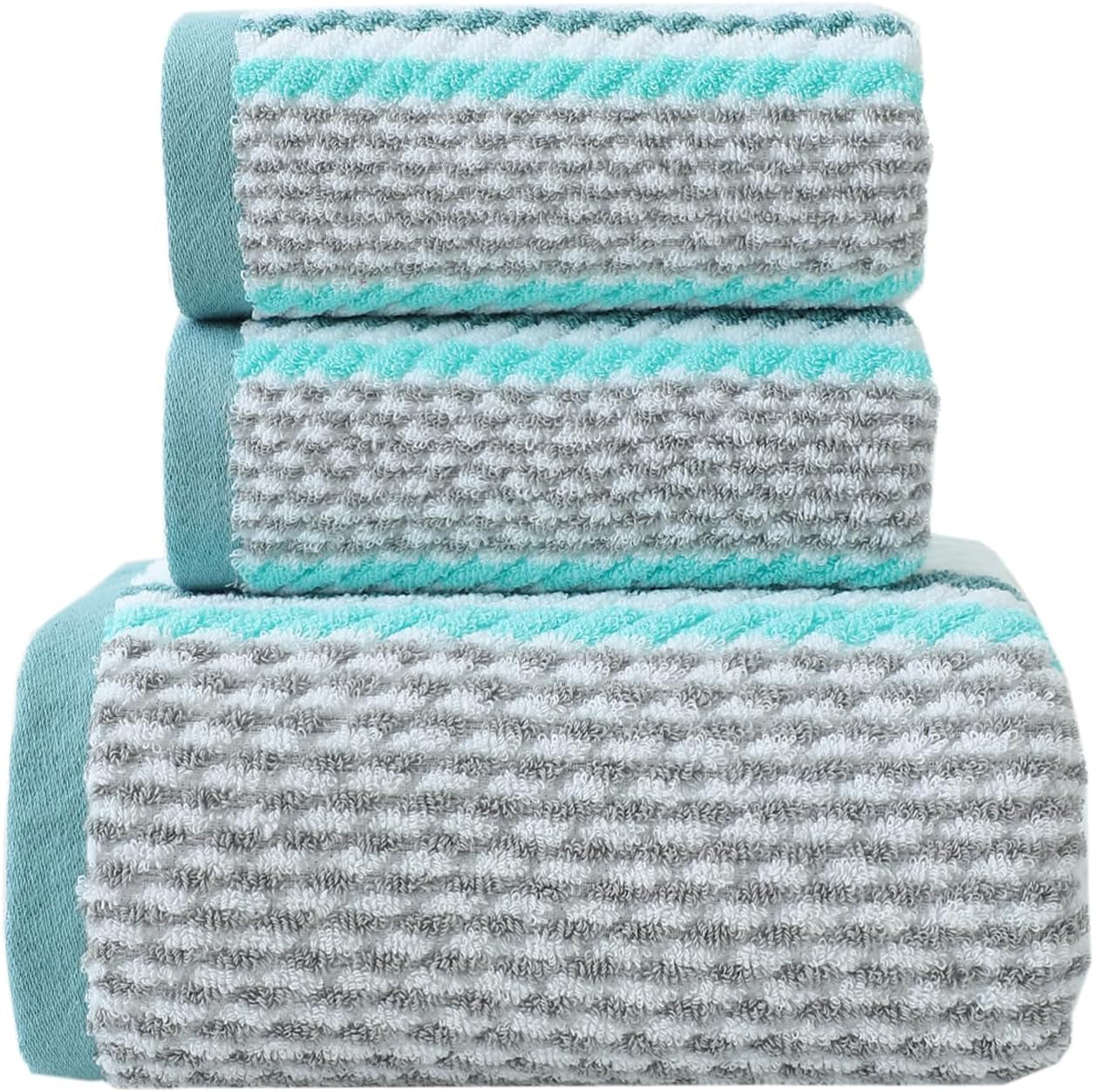 Hand Towels Set of 2 Striped Pattern 100% Cotton Soft Absorbent Decorative Towel for Bathroom (Green)
