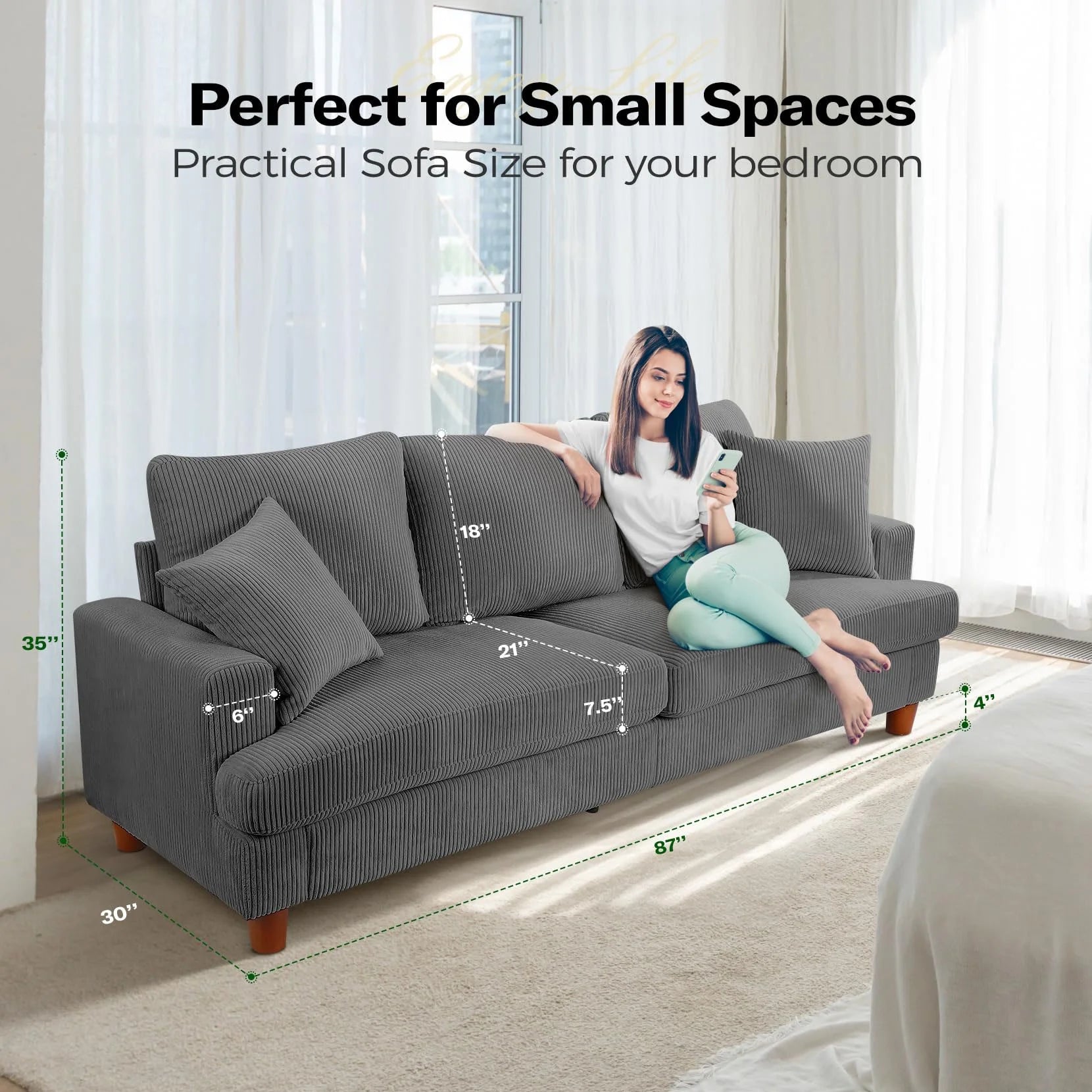 87" Corduroy Sofa,3 Seater Sofa Extra Deep Seats, Comfy Upholstered Couch for Living Room,2 Pillows,Gray