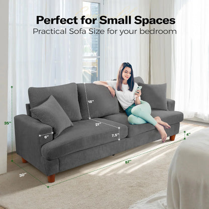 87" Corduroy Sofa,3 Seater Sofa Extra Deep Seats, Comfy Upholstered Couch for Living Room,2 Pillows,Gray