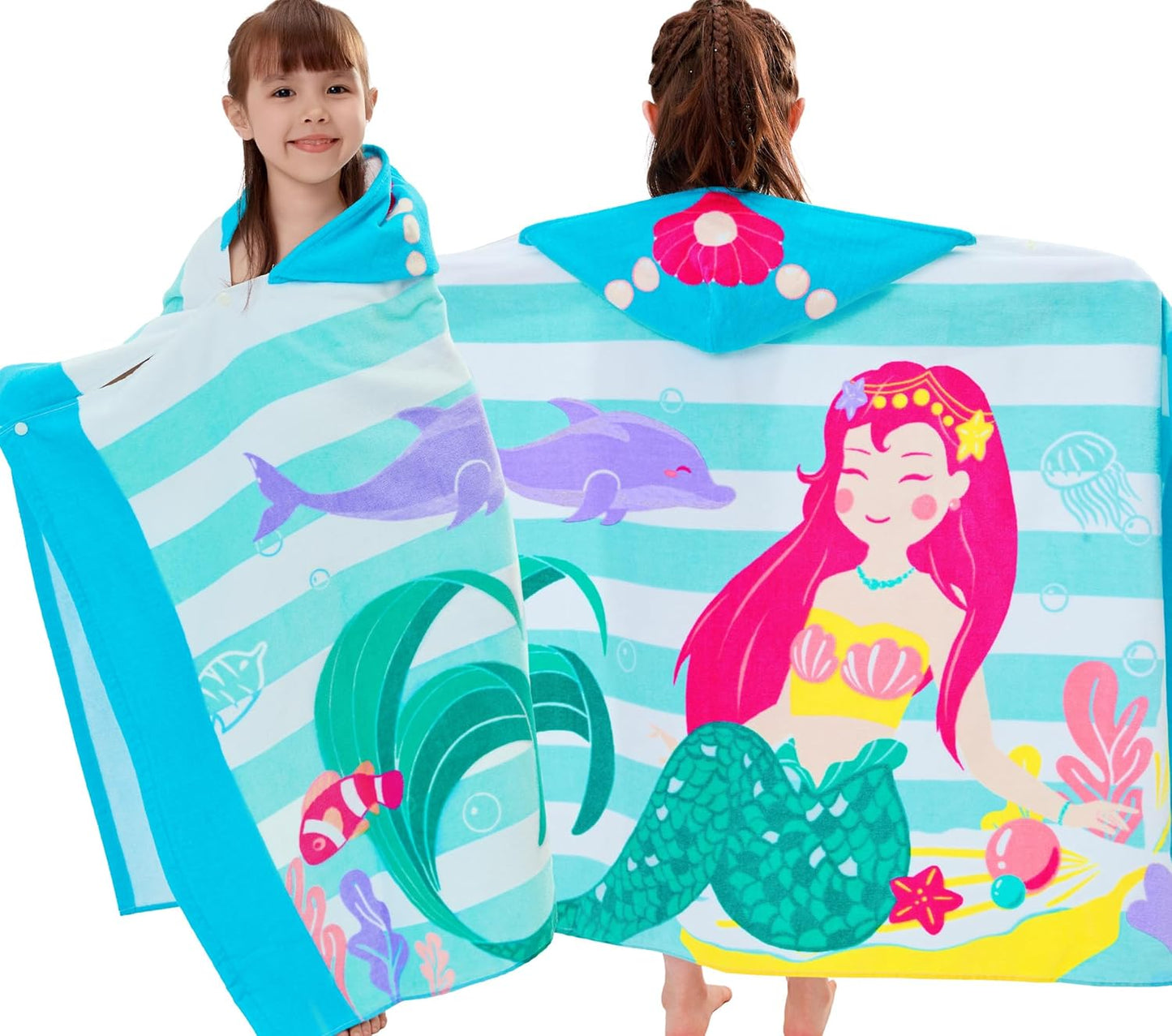 Kids Hooded Beach Towel Age 3-8, 30''X50,Soft | Thick | Large | 100% Cotton,Absorbent Beach, Bath, Pool Towels Wrap for Girls, Sea Mermaid