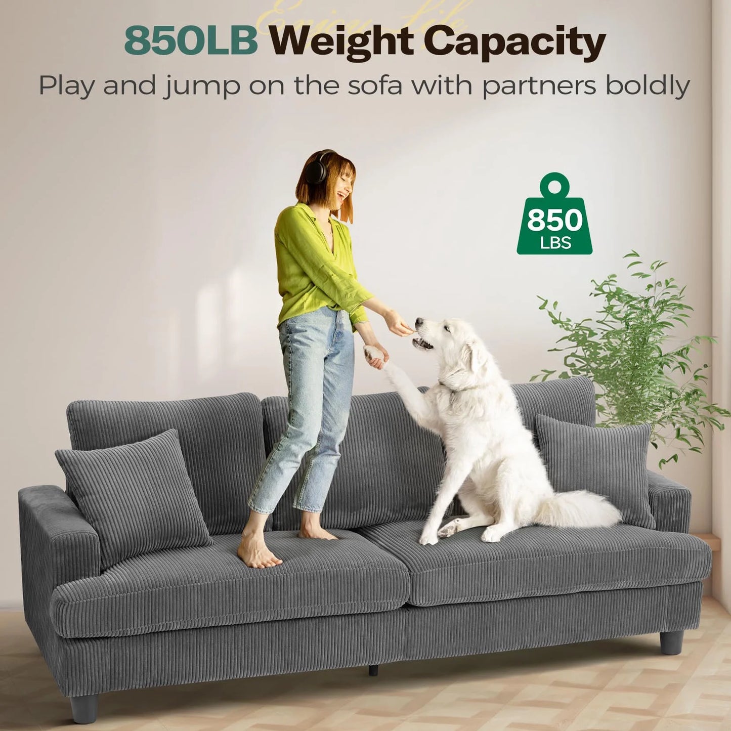 87" Corduroy Sofa,3 Seater Sofa Extra Deep Seats, Comfy Upholstered Couch for Living Room,2 Pillows,Gray