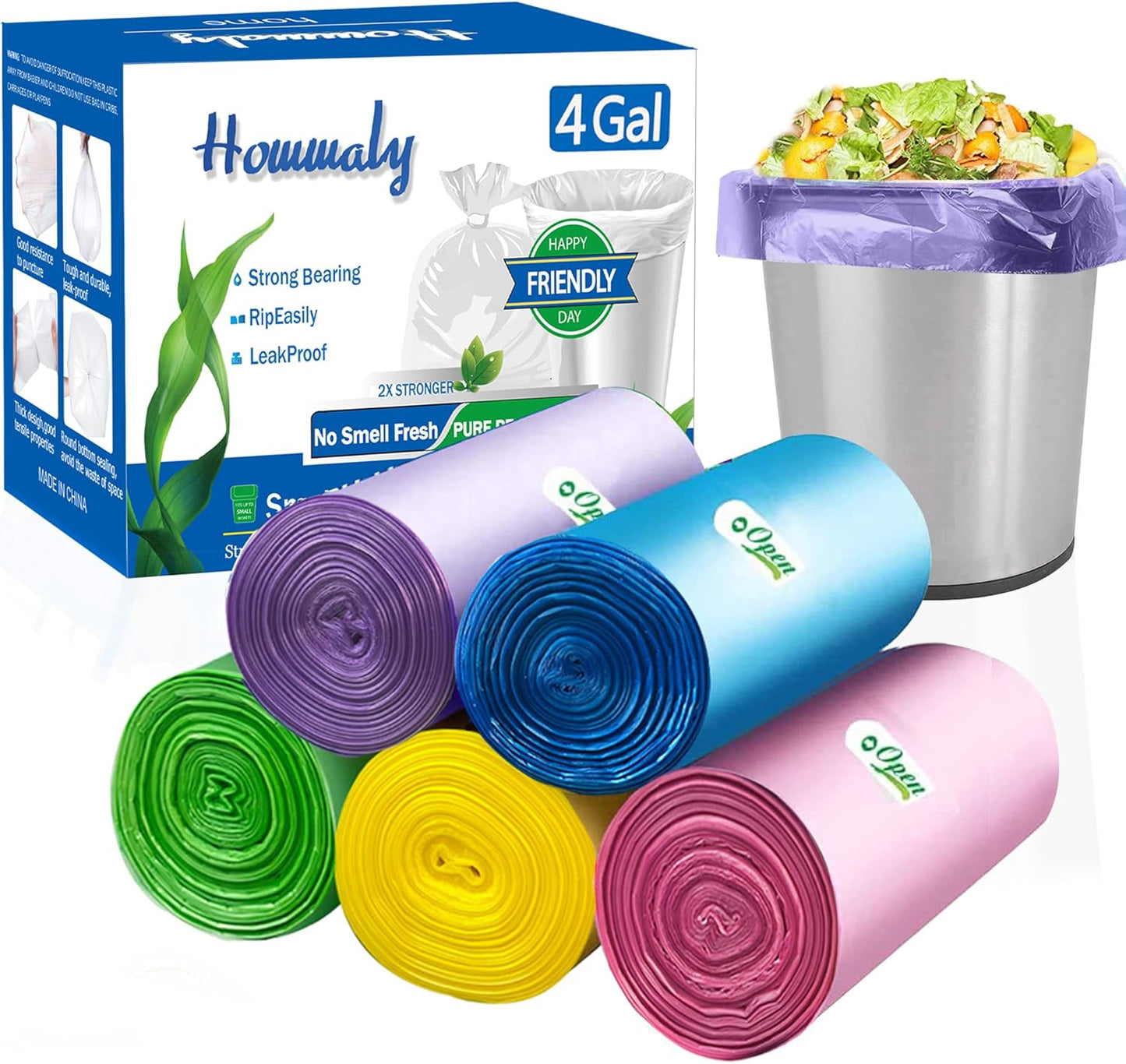 4 Gallon Small Garbage Bags 250 Counts,Trash Bag Bin Liners, 12-15 Liters Bin Bags Wastebasket Bags for Home Office Kitchen Trash Can,Bathroom,Bedroom 5 Color