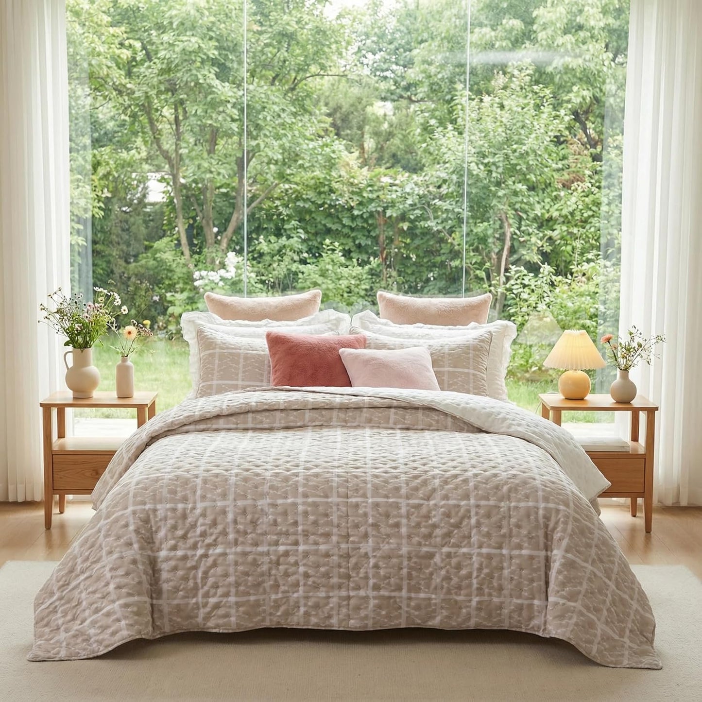 Beige King Size Quilt Set, Oversized Lightweight Textured Bedspread Coverlet with 2 Pillow Shams, Soft Box Stitch Cross Stitch Quilt for All Season Comfort, Tan Beige Bedding, 100"X92"
