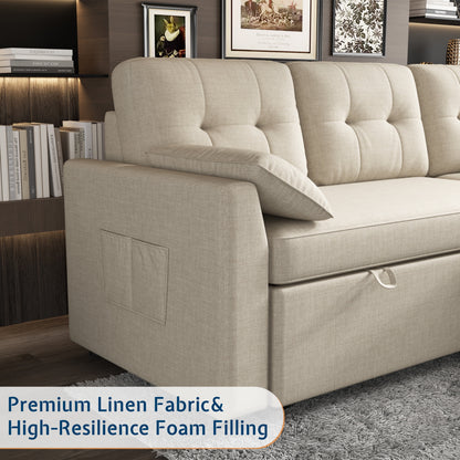 Sectional Sofa with Storage and Soft Seat, Reversible Chaise, Pull Out Bed for Living Room, Beige