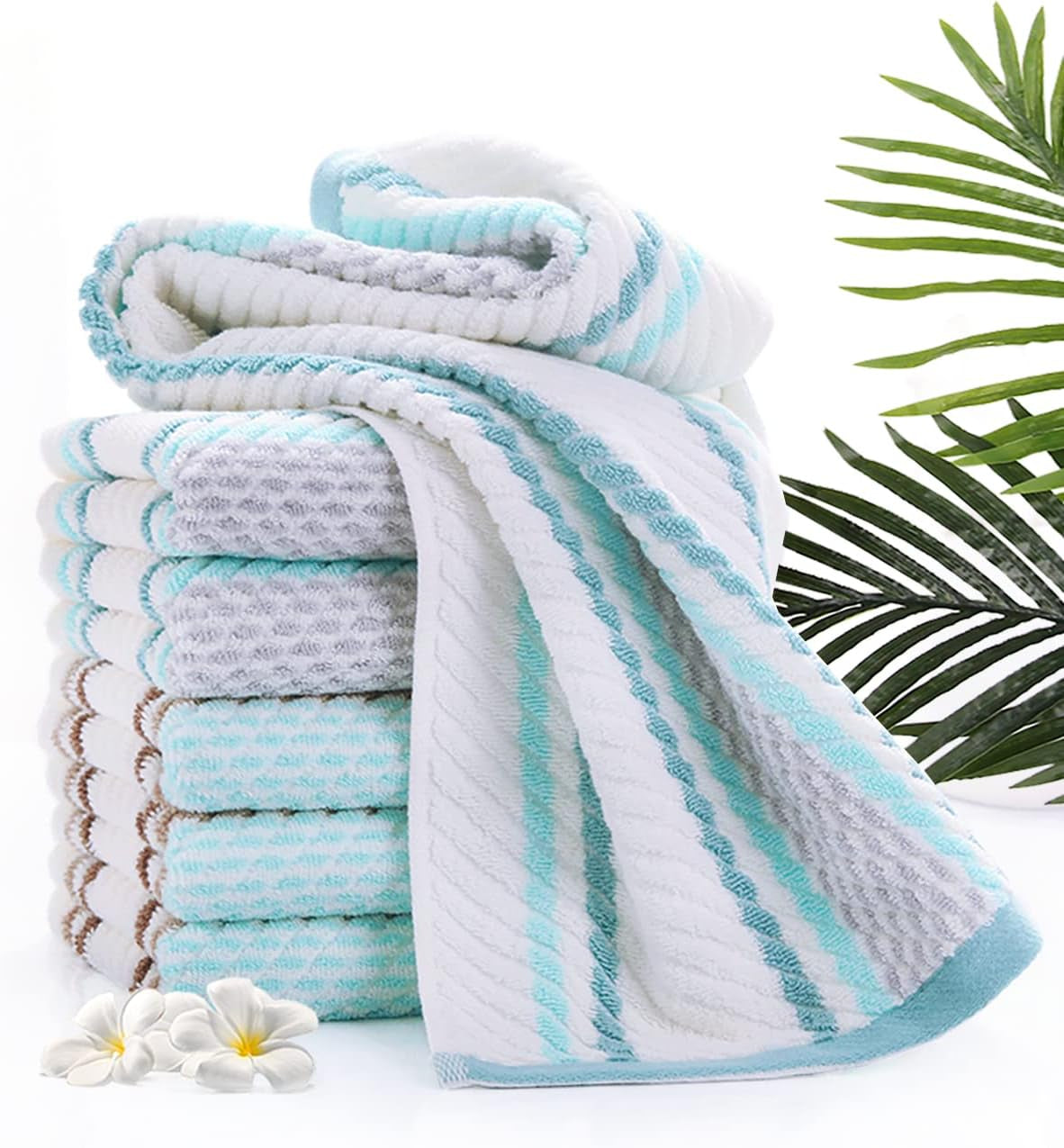 Hand Towels Set of 2 Striped Pattern 100% Cotton Soft Absorbent Decorative Towel for Bathroom (Green)